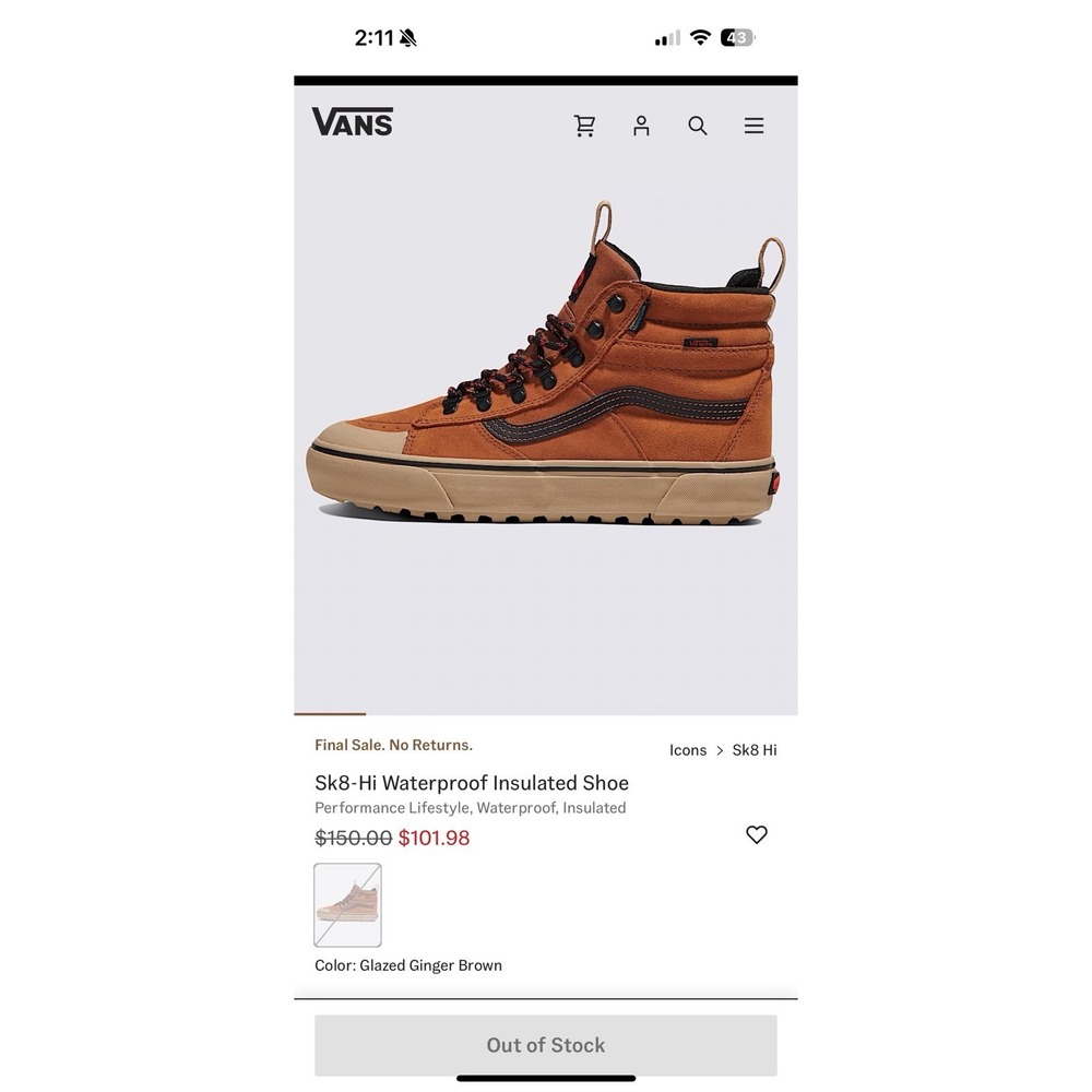 New Vans Men's MTE Sk8-Hi DR Waterproof HydroGuard Insulated‎ Shoes-Men Sz 7.5